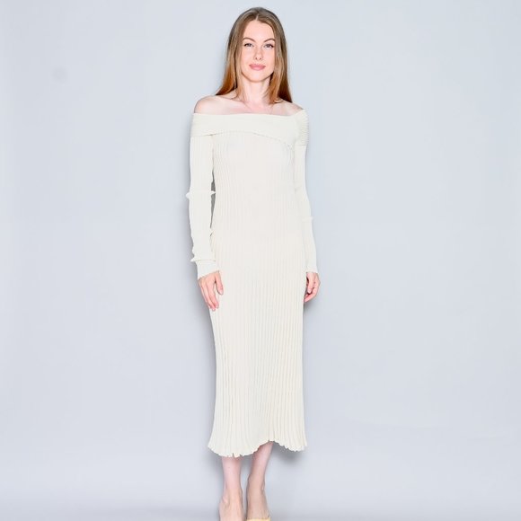 GIA STUDIOS Off-the-Shoulder Ribbed-Knit Midi Dress Cream Sz 38 - Picture 1 of 8